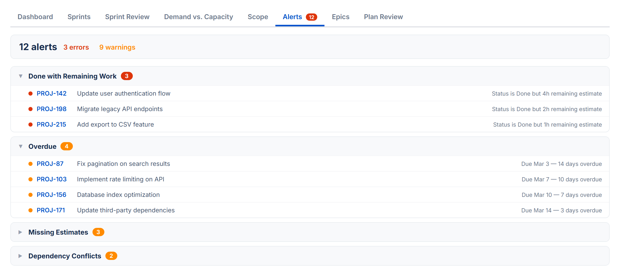 Alerts: Issue alerts with dependency conflicts and warnings