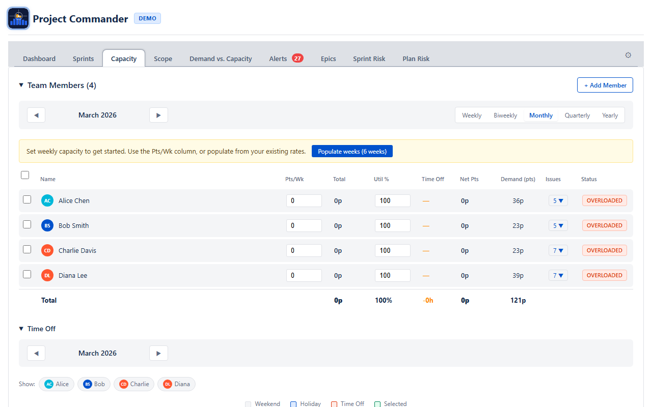 Capacity: Time off calendar and company holidays