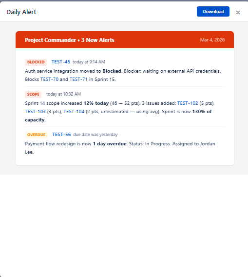 Daily Alert preview showing three new alerts with badges and descriptions