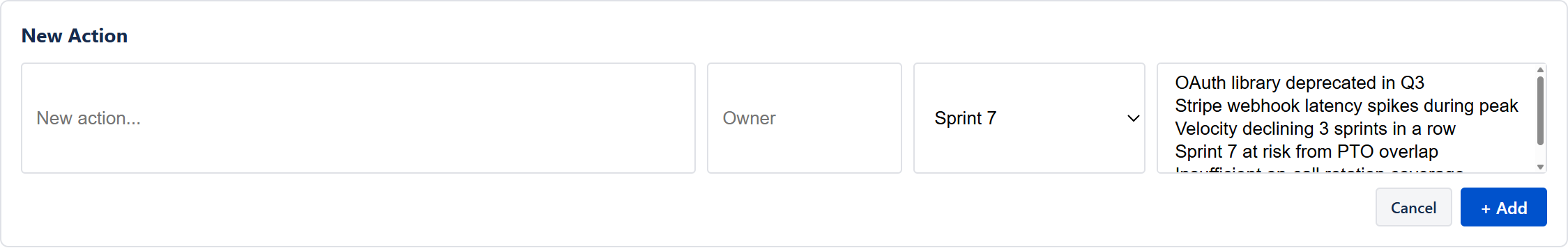 Inline New Action form — action text field, Notes/context, Sprint dropdown, Priority dropdown, Originator and Assignee fields, and a 
