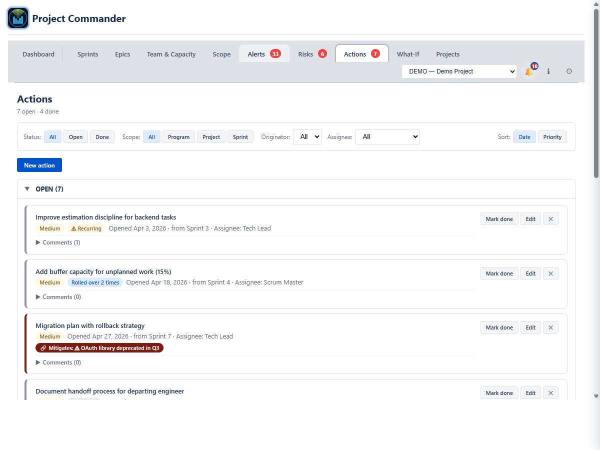 Actions tab: action cards with severity stripe, owner, priority, status, and comment log