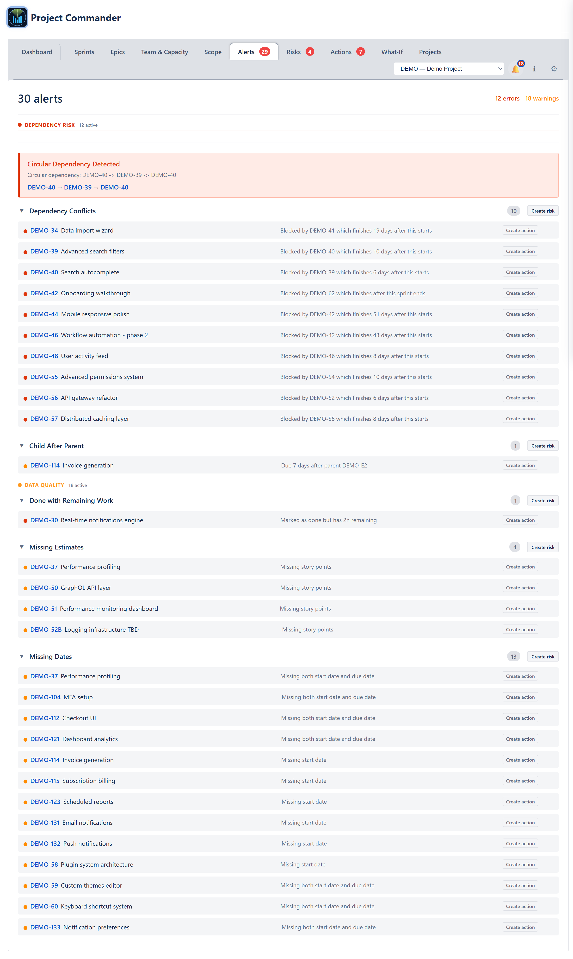 Dependency Conflicts category expanded showing per-issue alert rows with severity dot, issue key, plain-English message (