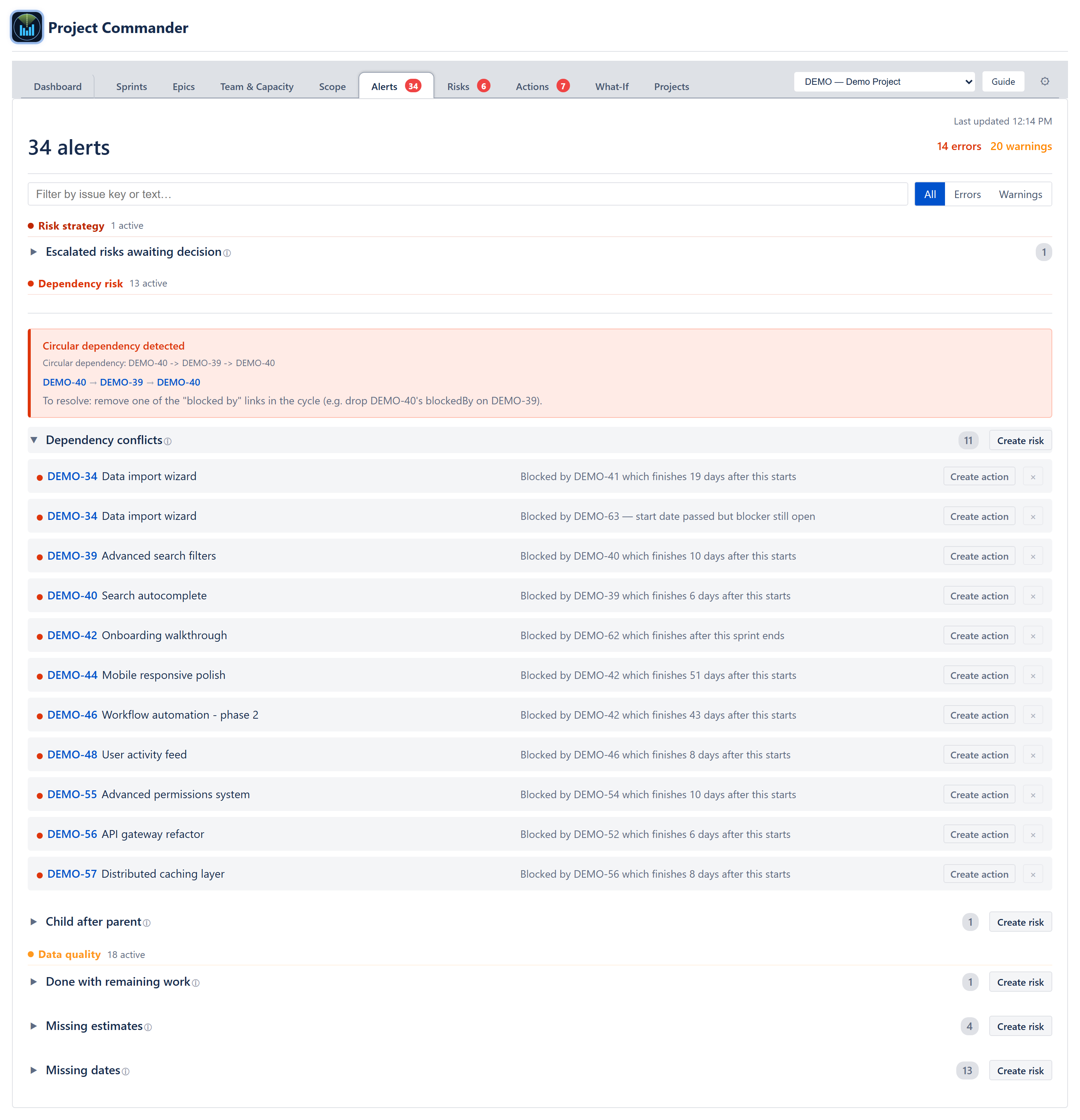 Dependency Conflicts category expanded showing per-issue alert rows with severity dot, issue key, plain-English message (