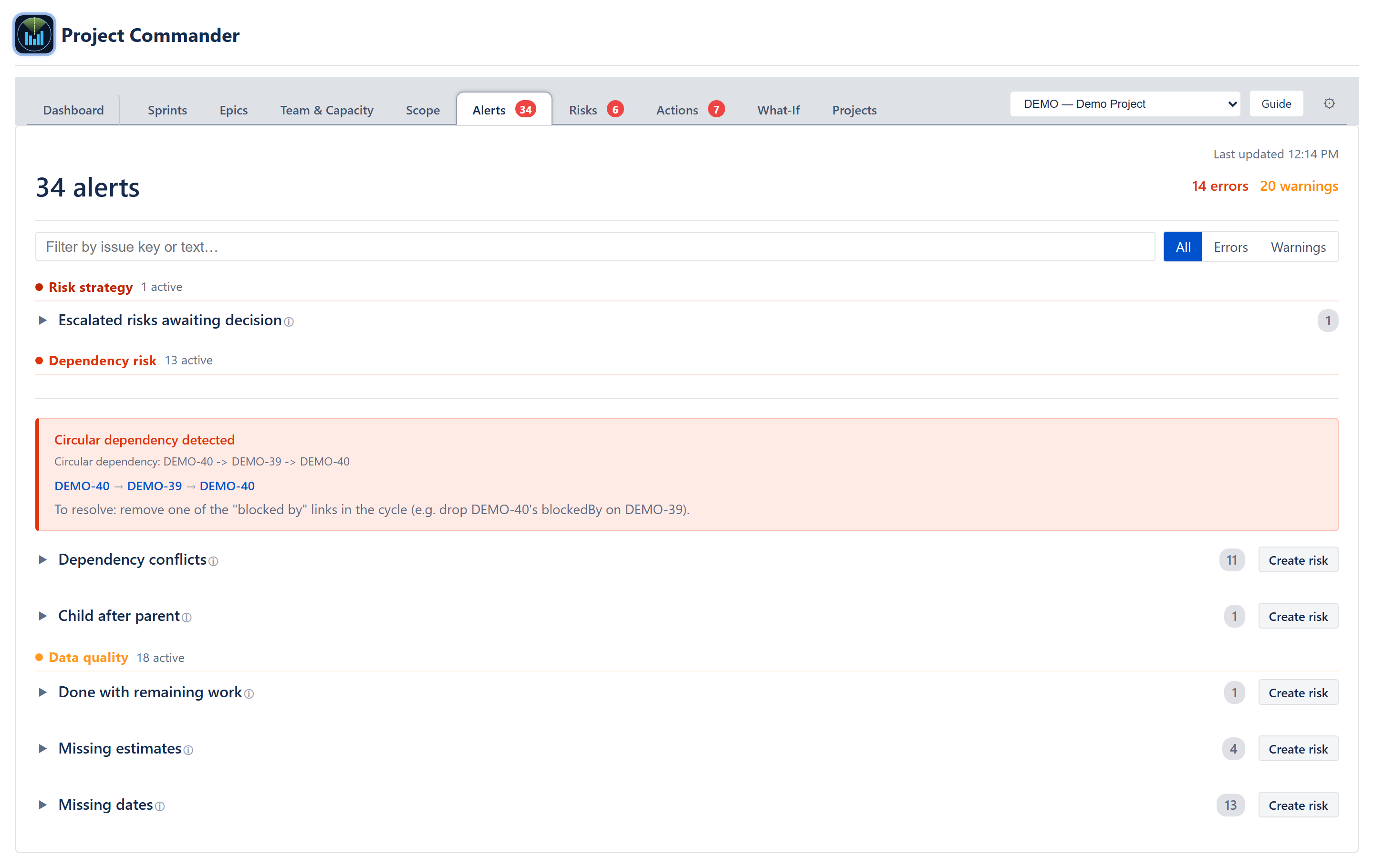 Alerts tab — domain headers, circular dependency, category list with Create risk