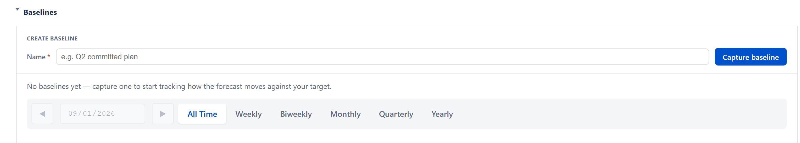 Baselines section — capture bar, the period picker (All Time, Weekly, Biweekly, Monthly, Quarterly, Yearly) with date navigation, the slip-vs-target timeline, and the snapshot table