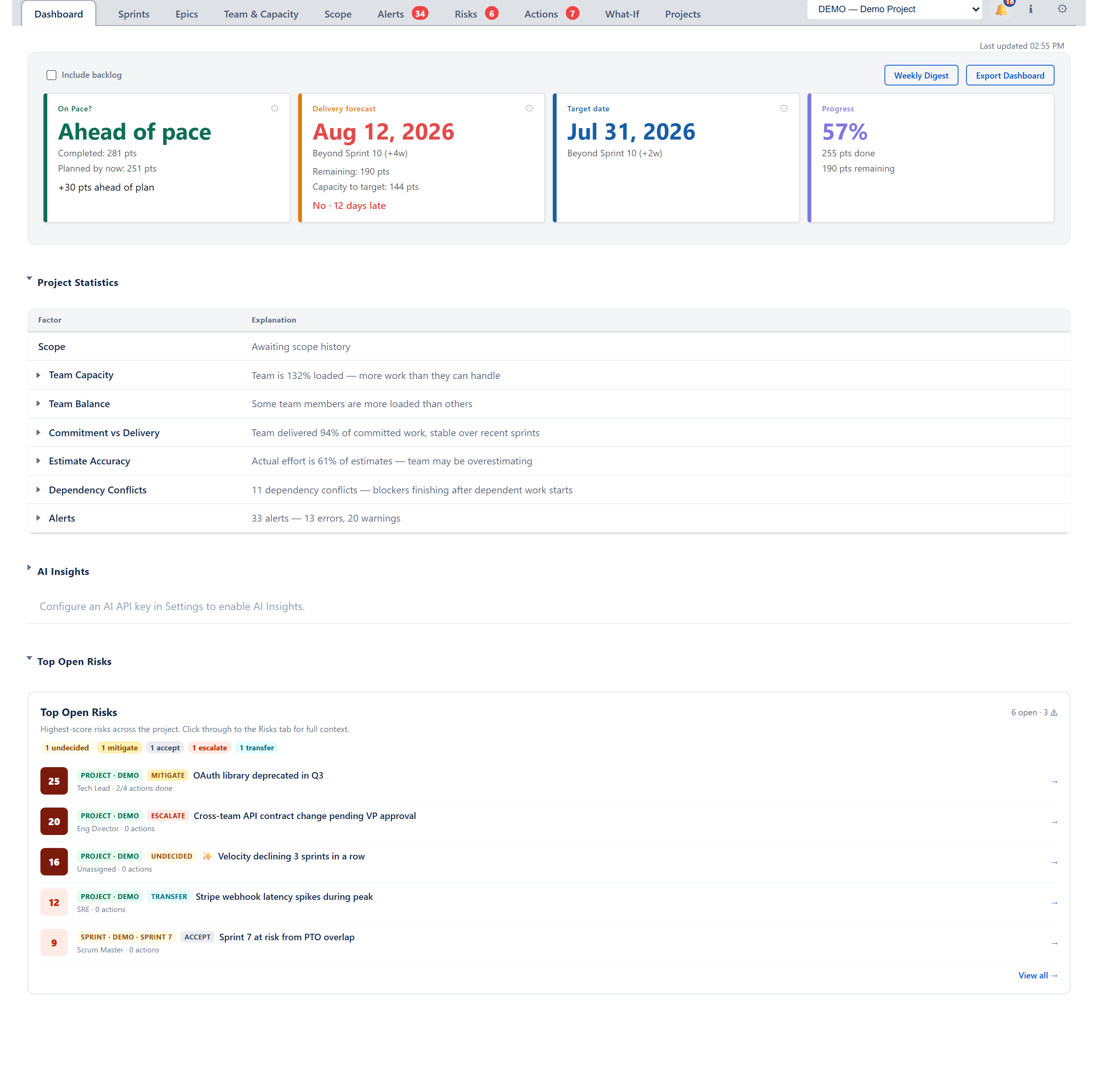 Dashboard showing 4 stat cards — On Pace?, Delivery Forecast, Target Date, Progress — and the Project Statistics table with every row expanded