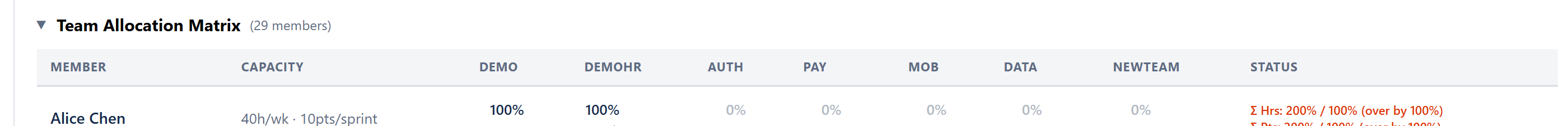 Team Allocation Matrix expanded under the portfolio table — per-member rows with one column per project, each cell stacking a percent input above an editable