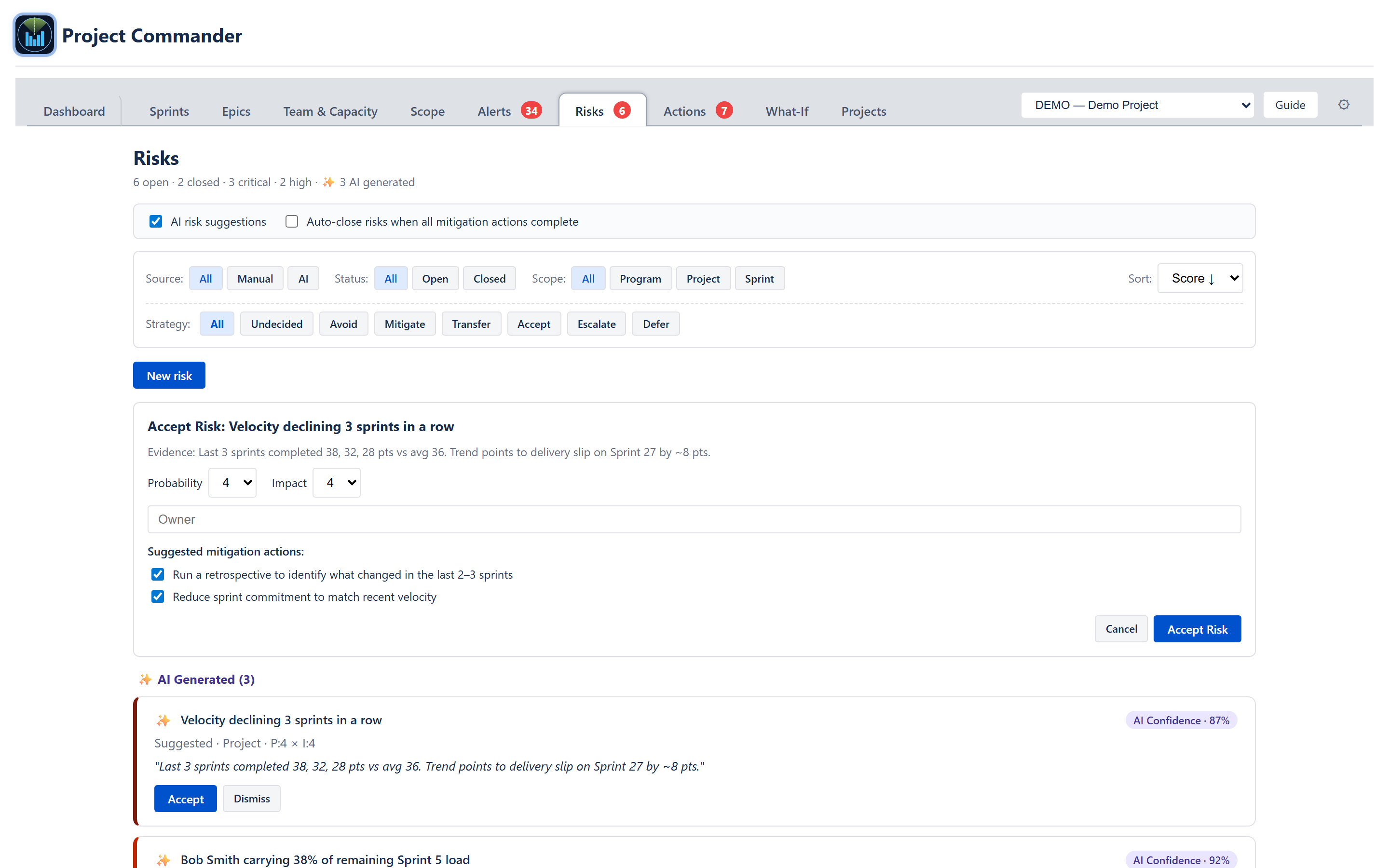 Accept Risk dialog opened from an AI suggestion — title, evidence block (