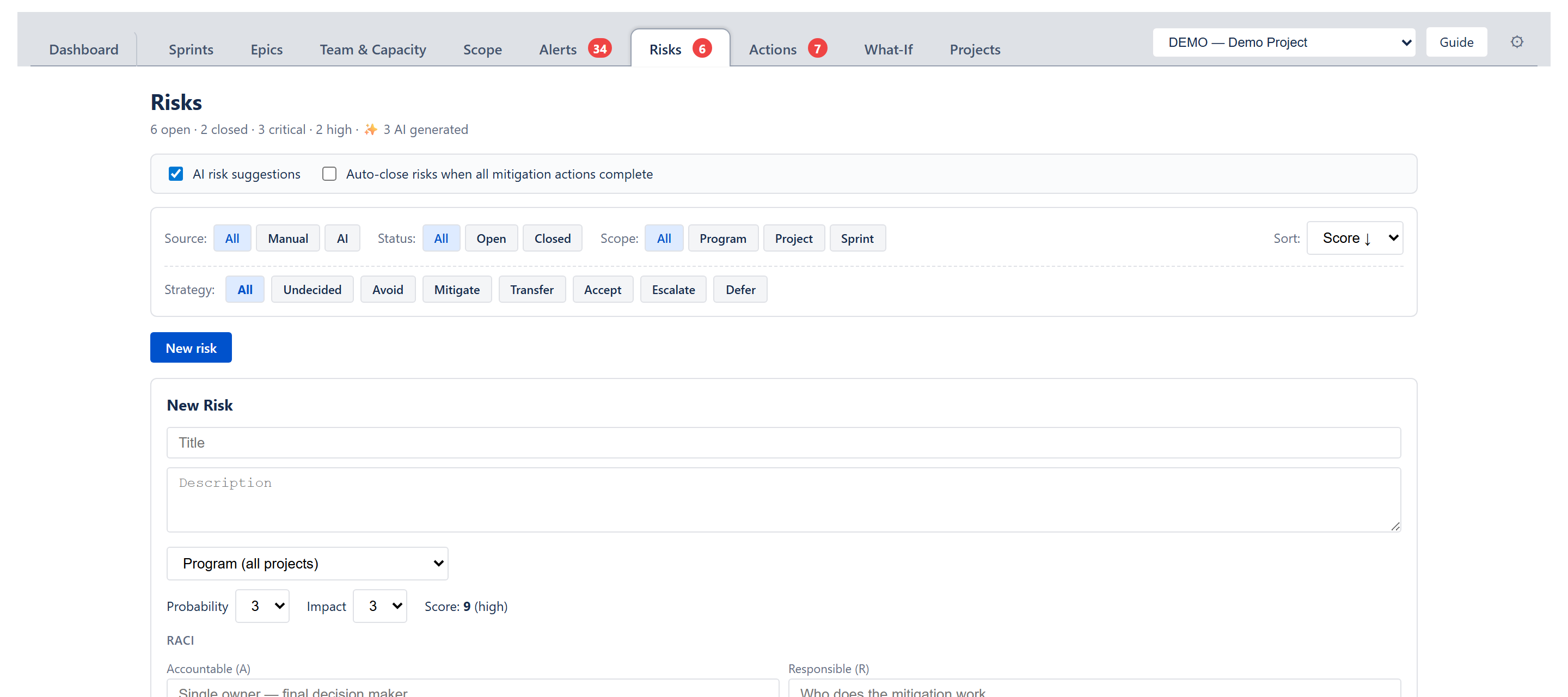 New Risk dialog — Title and Description fields, Scope dropdown (Program / Project / Sprint), Probability and Impact selects with live Score readout, RACI fields (Accountable required, Responsible, Consulted, Informed), Mitigation summary, and Jira issue link field