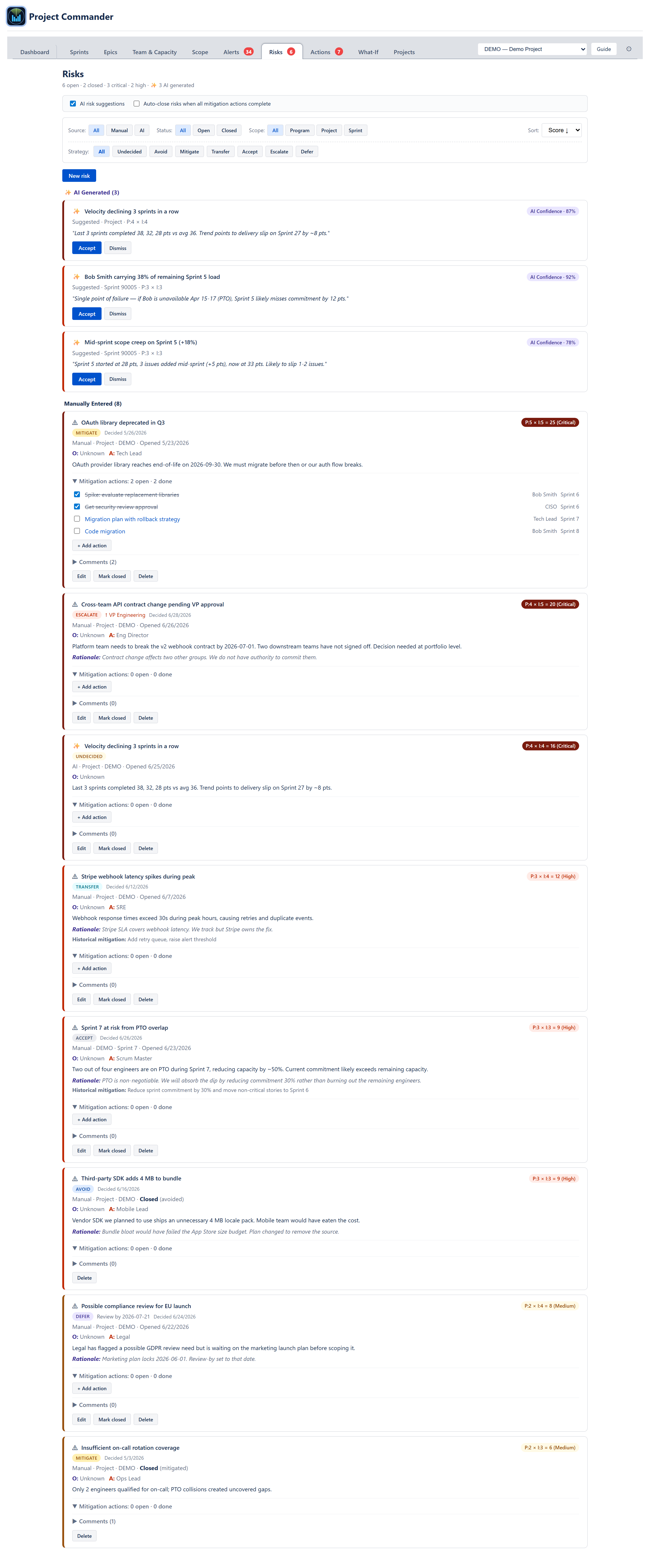 Risks tab — header summary, AI suggestions toggle, filter bar, AI Generated cards
