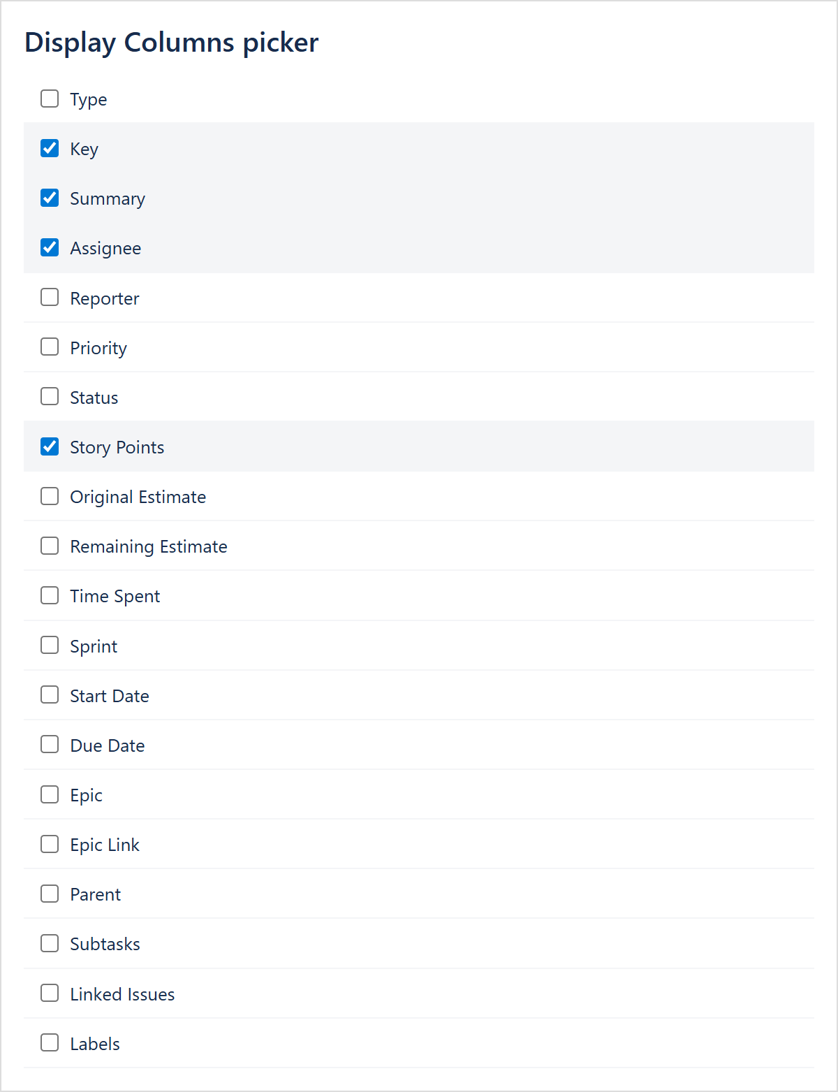 Display Columns picker dropdown open — search field at top, then a checkbox list of Standard columns (Type, Key ✓, Summary ✓, Assignee ✓, Reporter, Priority…) so the user can toggle any field on or off