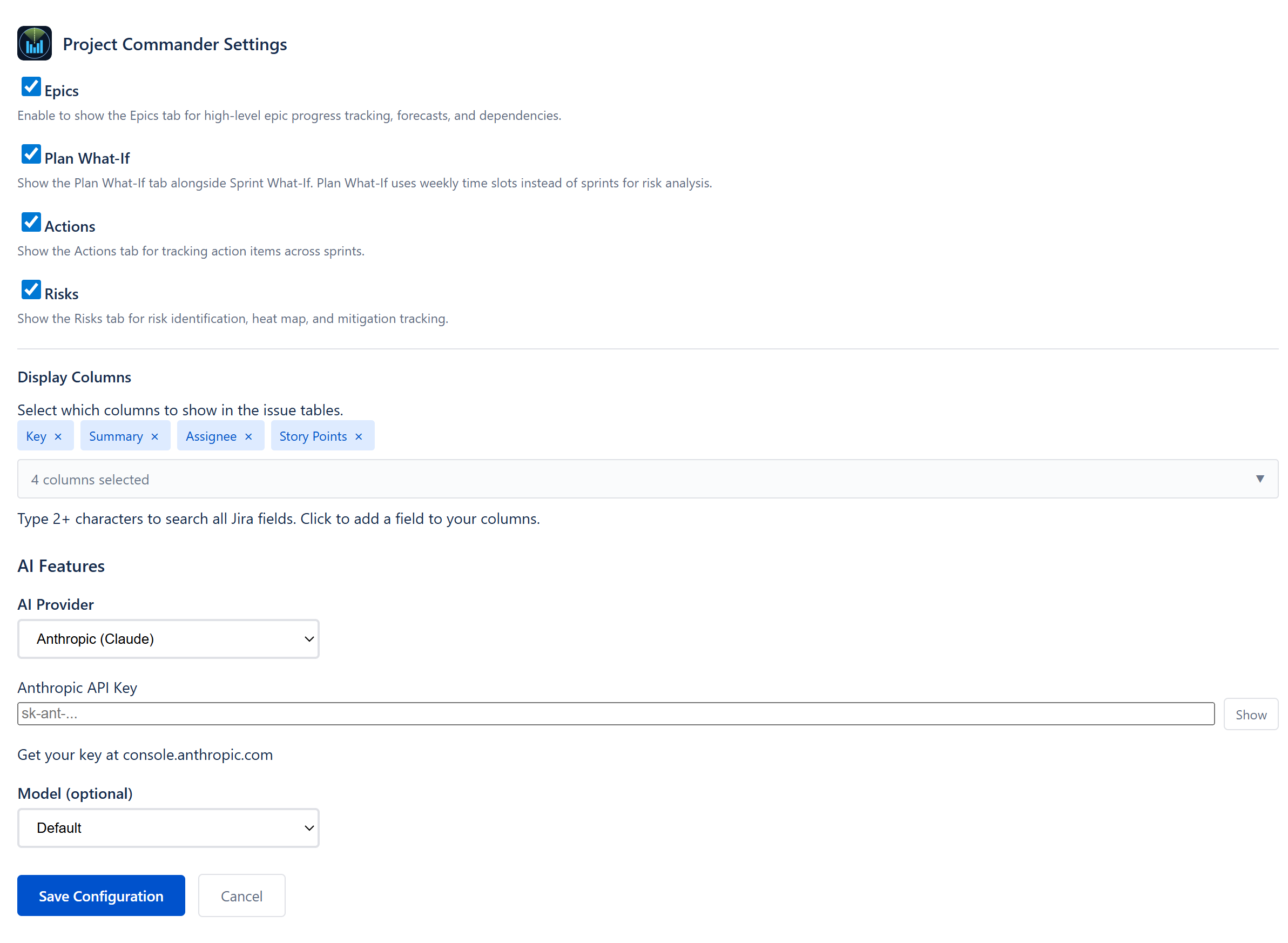 Settings panel — Display & Visibility toggles, Display Columns, AI Features