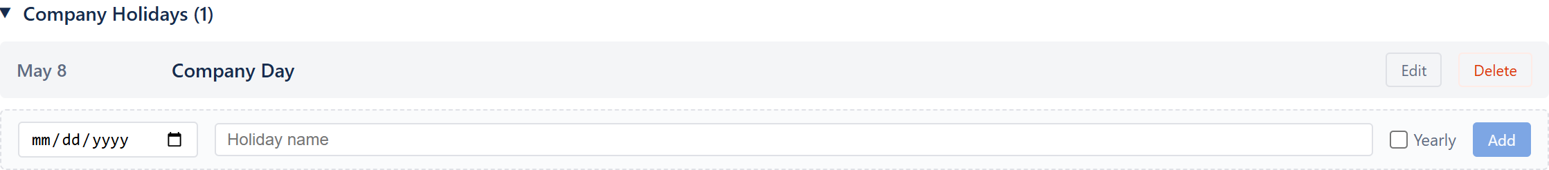 Company Holidays section expanded with the inline Add form — date picker, holiday name field, Yearly checkbox, Add button