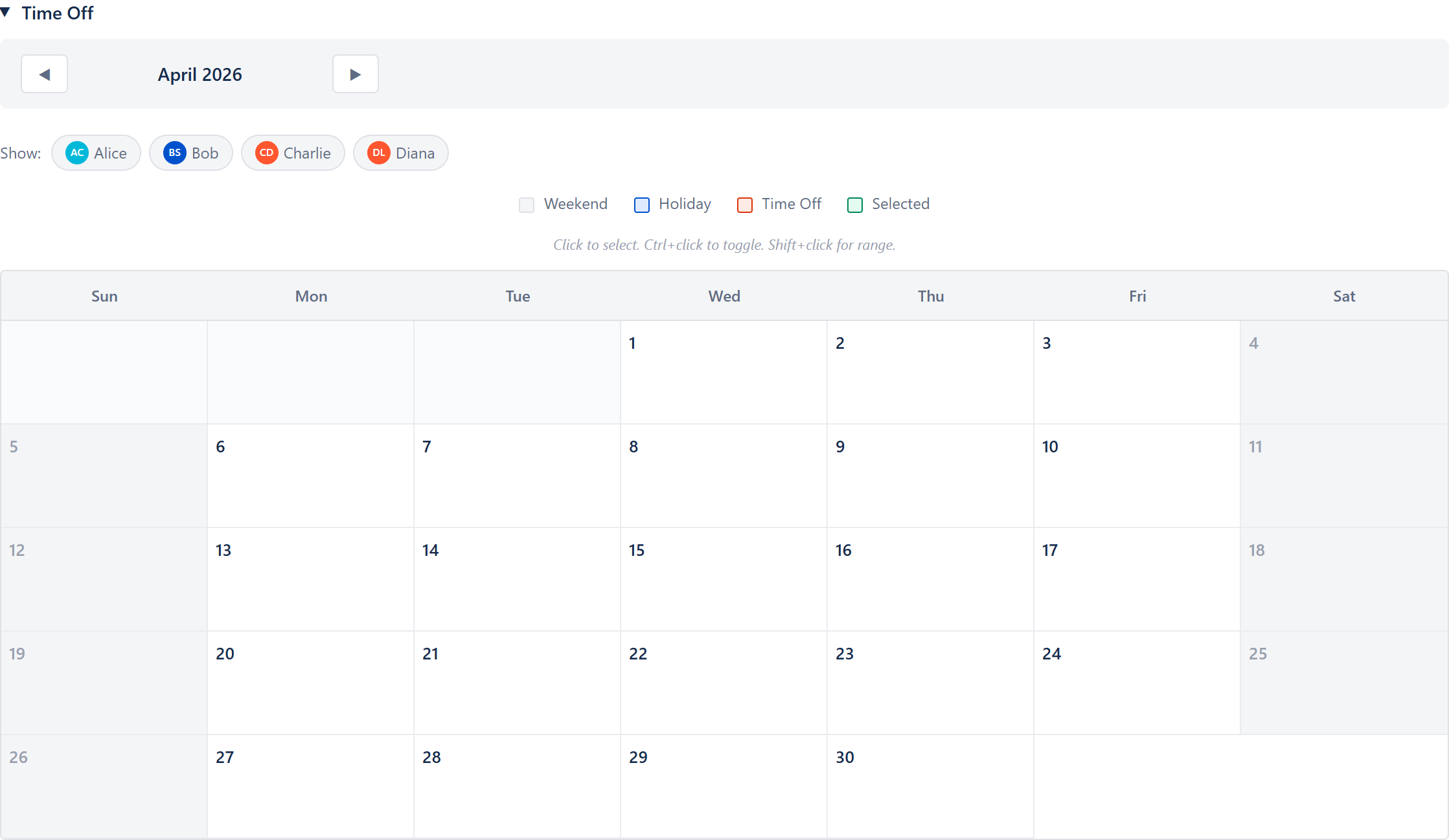 Time Off calendar with member-filter chips, the four-colour day legend (weekend / holiday / time off / selected), and the click-to-select day grid