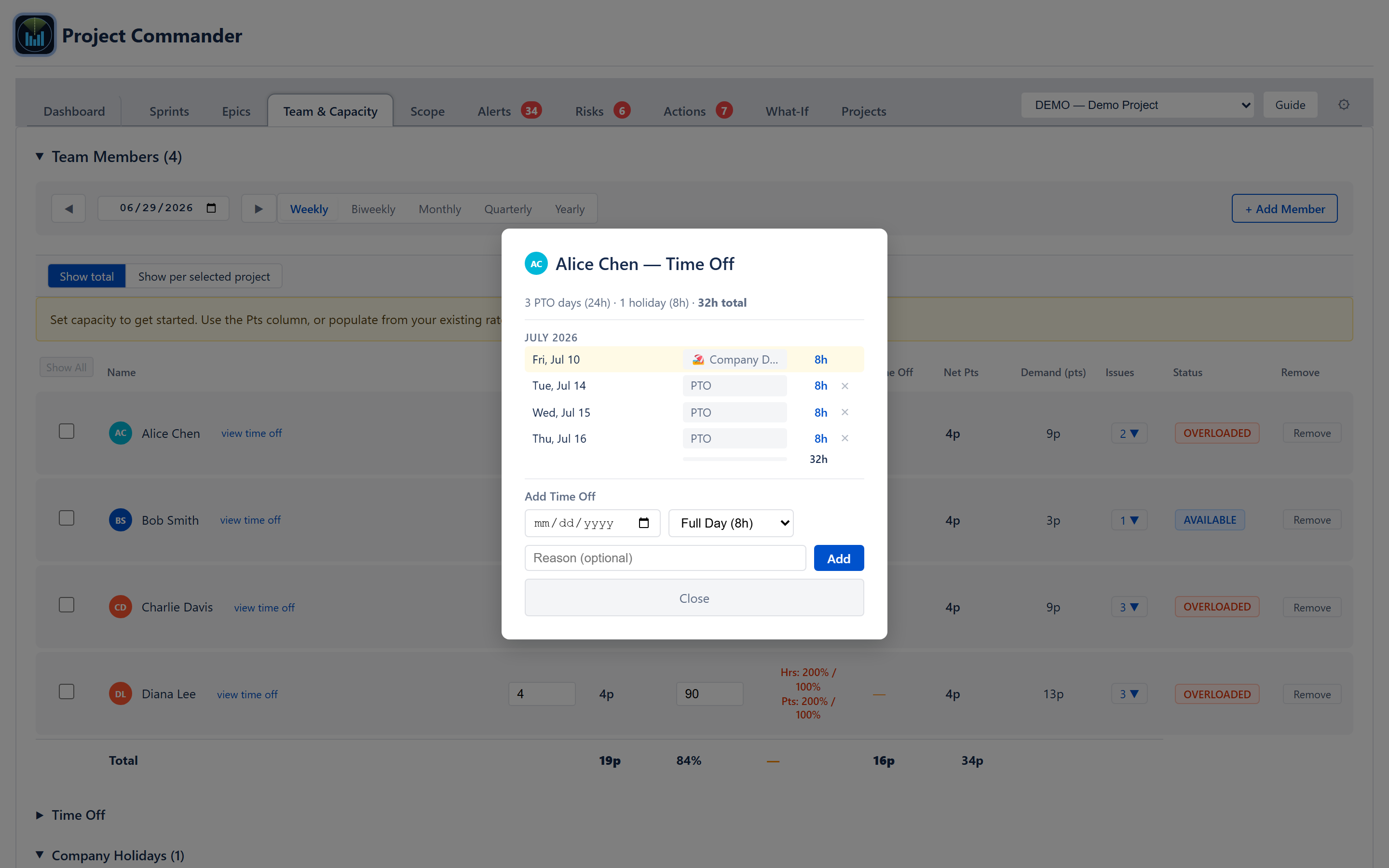 Per-member Time Off modal opened from